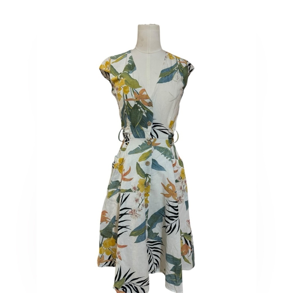 Zara Basic 100% Linen Tropical Floral Button Dress XS - Picture 6 of 9